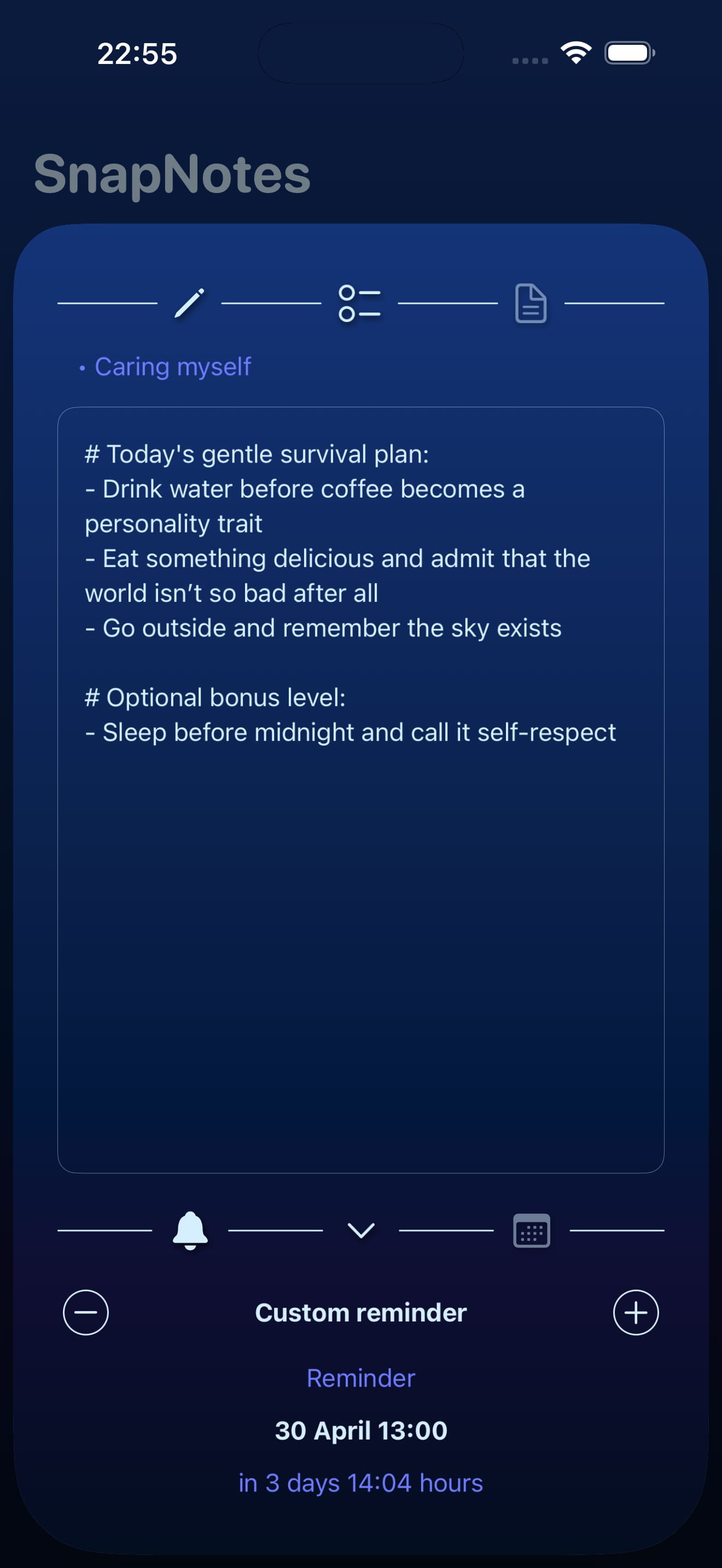 Editing and reminders screen