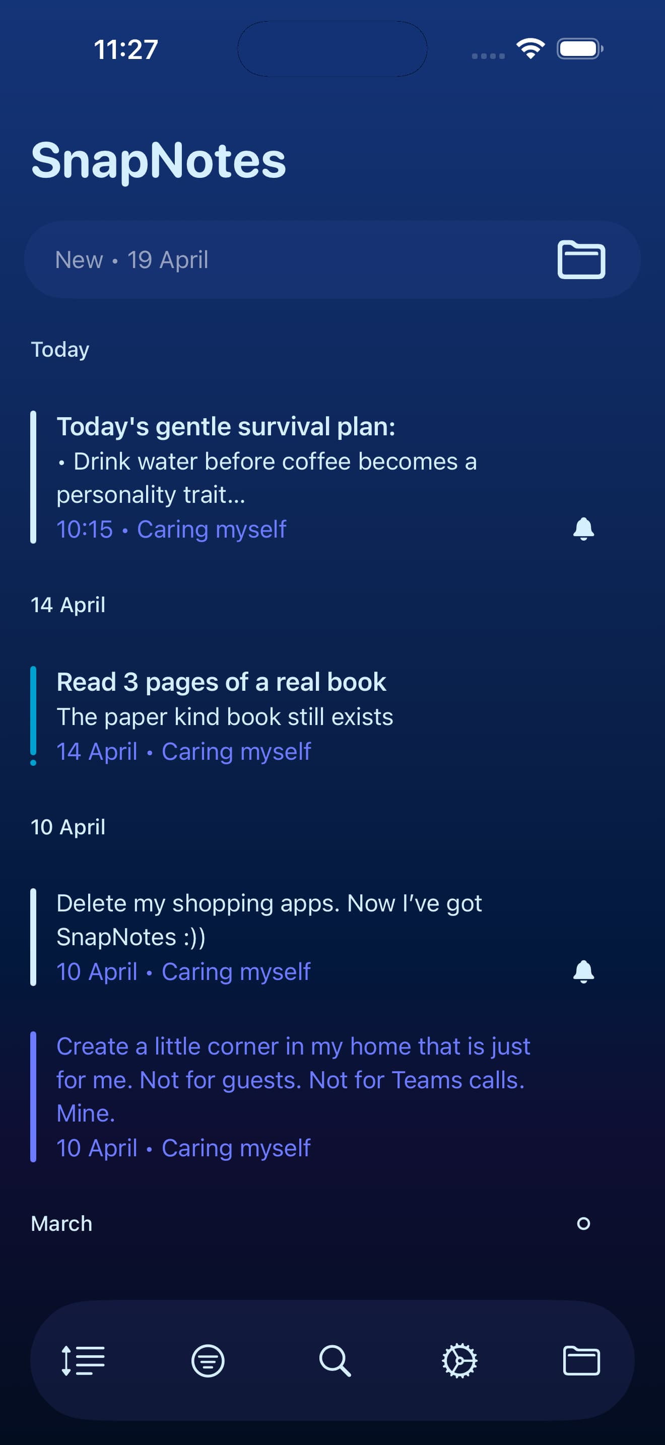 Notes per category screen