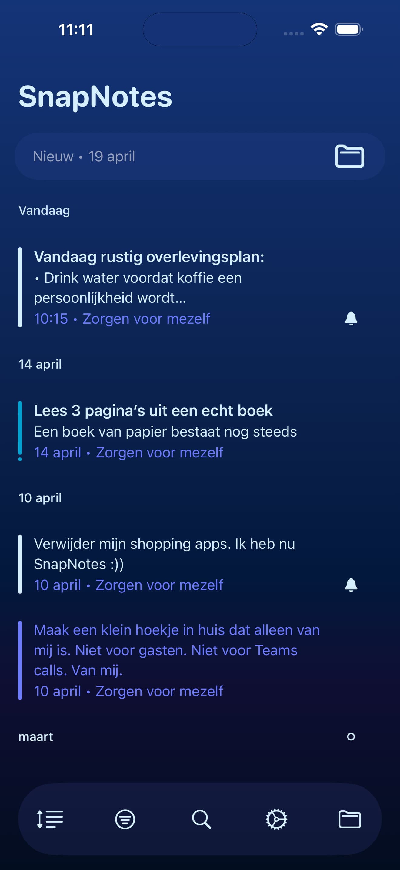 Scherm Notities per categorie